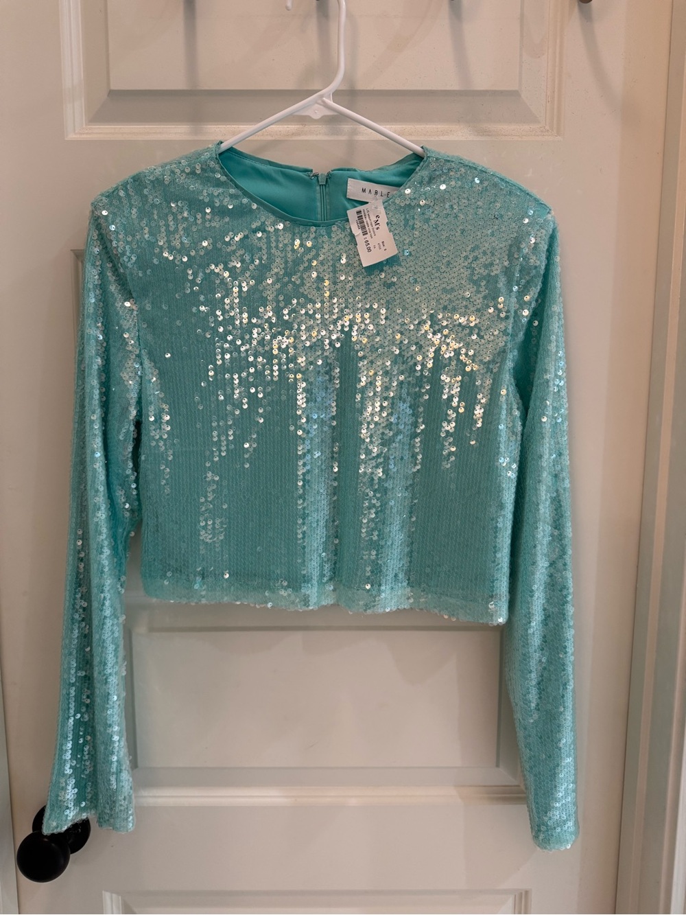 NWT MABLE Mint Long Sleeve Sequin Crop Top with Shoulder Pads Size S - Picture 1 of 4